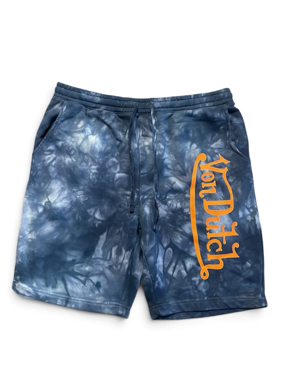 Von Dutch Blue Tie-Dye Shorts with Orange Logo Sz L